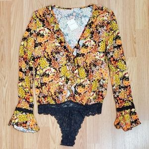 NWT Free people heat wave bodysuit midnight combo floral long bell sleeve boho